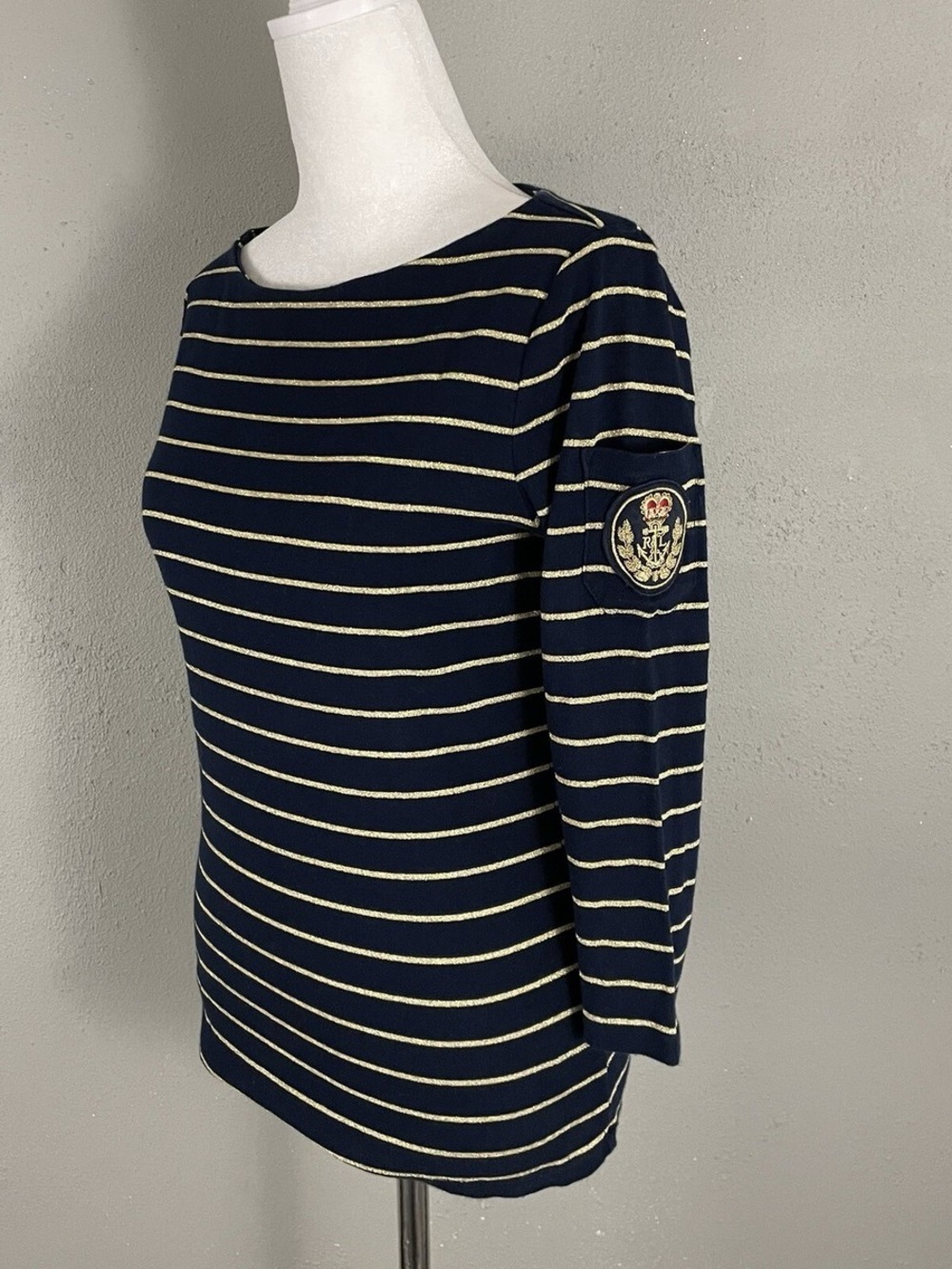 Ralph Lauren Navy and Metallic Gold Striped Top with Sleeve Pocket Logo
